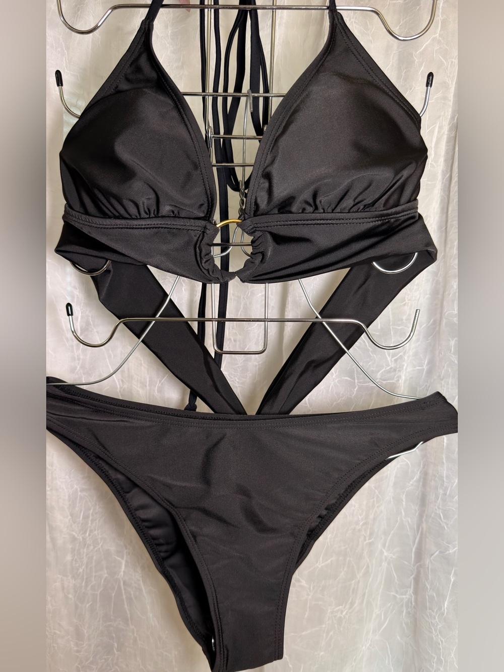 Black Strappy Triangle Bikini Set - Sleek Tie-Back Swimwear